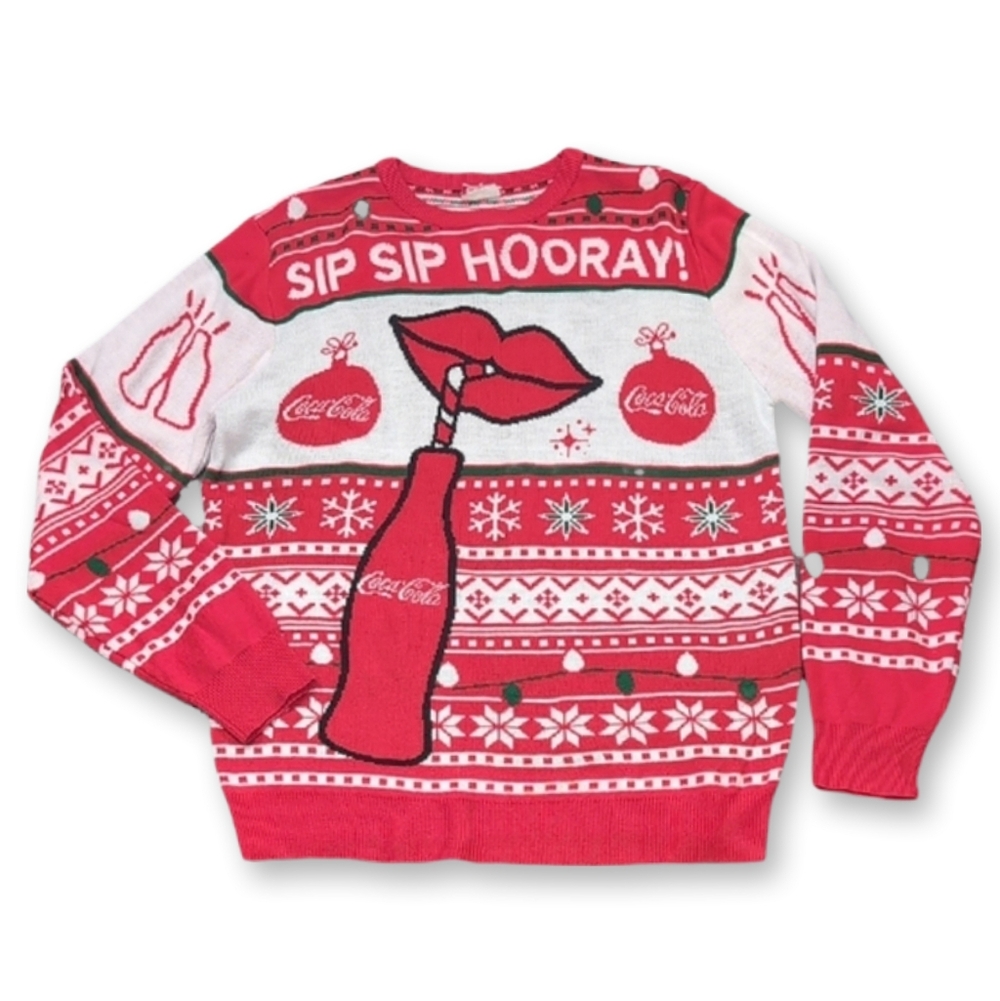 Coca Cola Ugly Christmas Sweater Limited Edition Red White Sip Hooray Mens Large